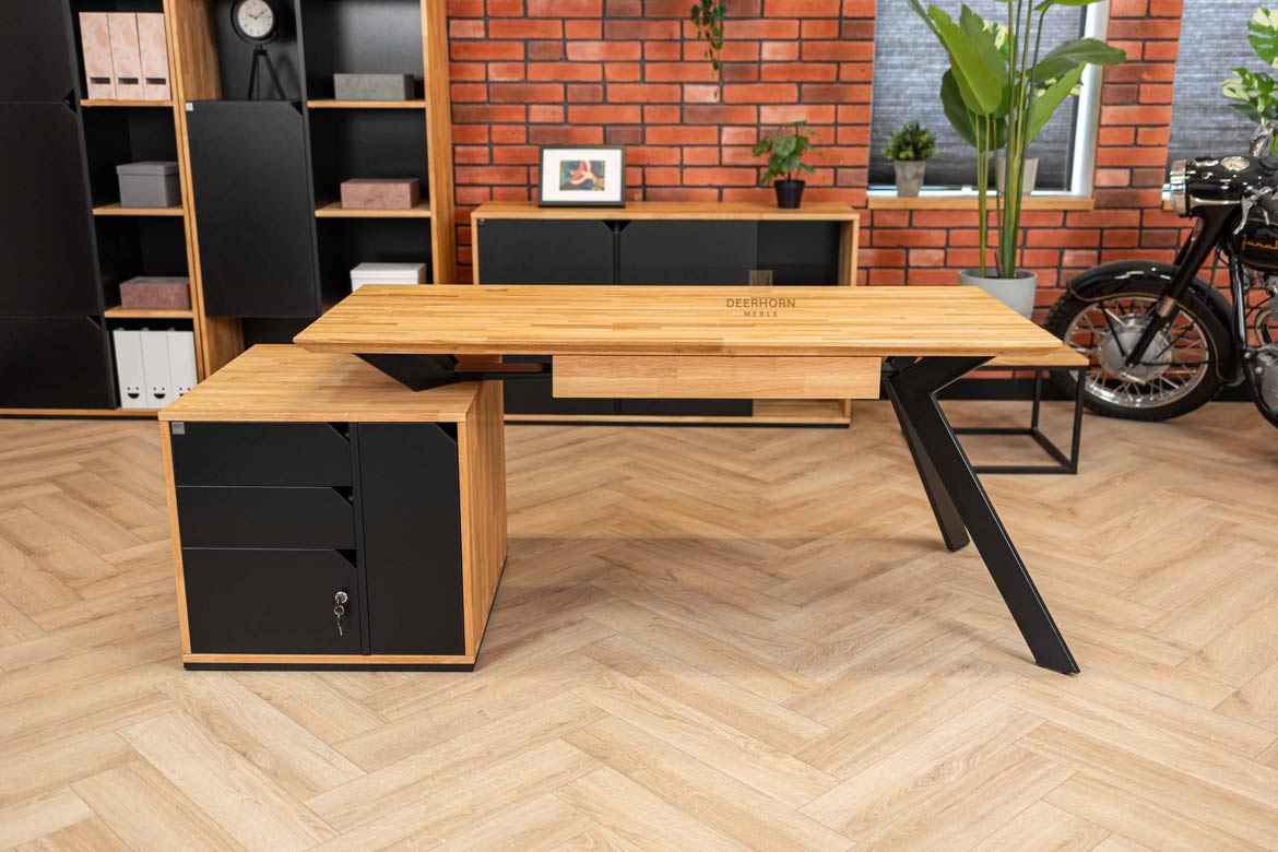 Büroschreibtisch mit Holzplatte Active mit Rollcontainer