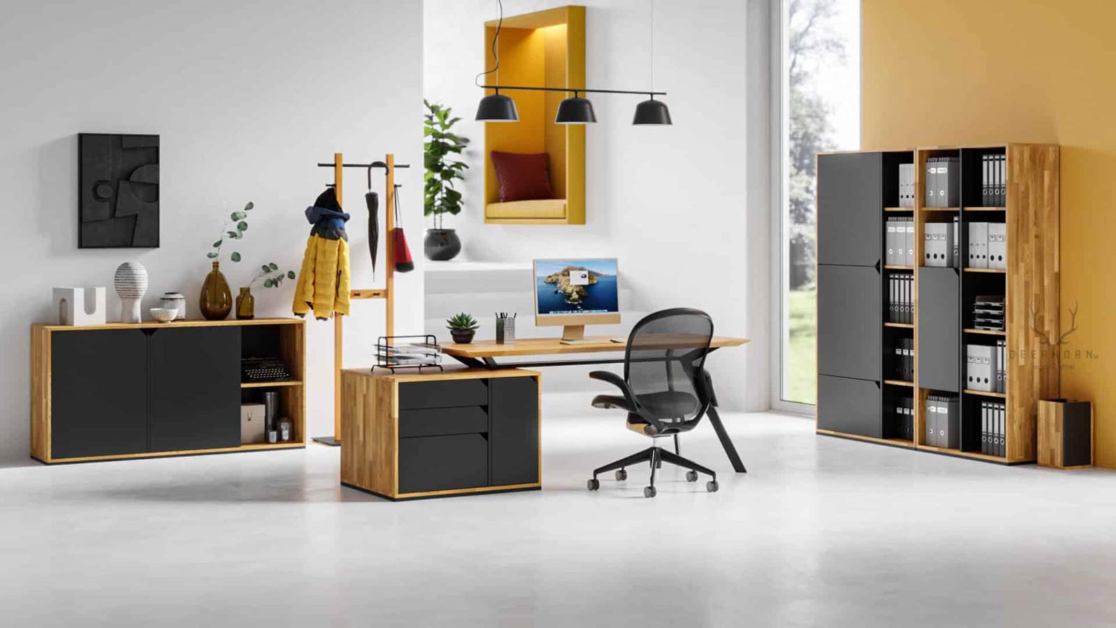 Büroschreibtisch mit Holzplatte Active mit Rollcontainer