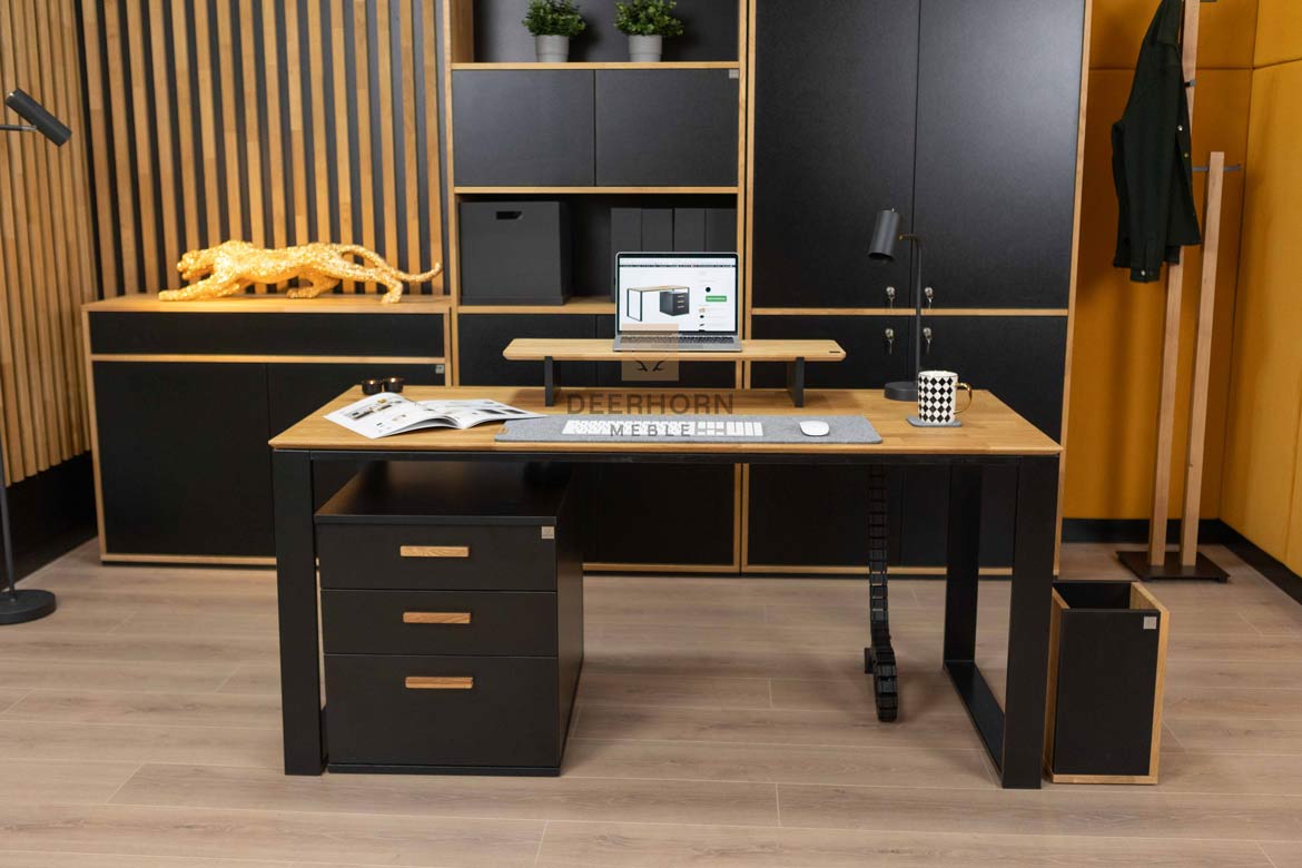 Schreibtisch für Büro und Heimarbeit mit hinterschnittener Holzplatte mit Schrank