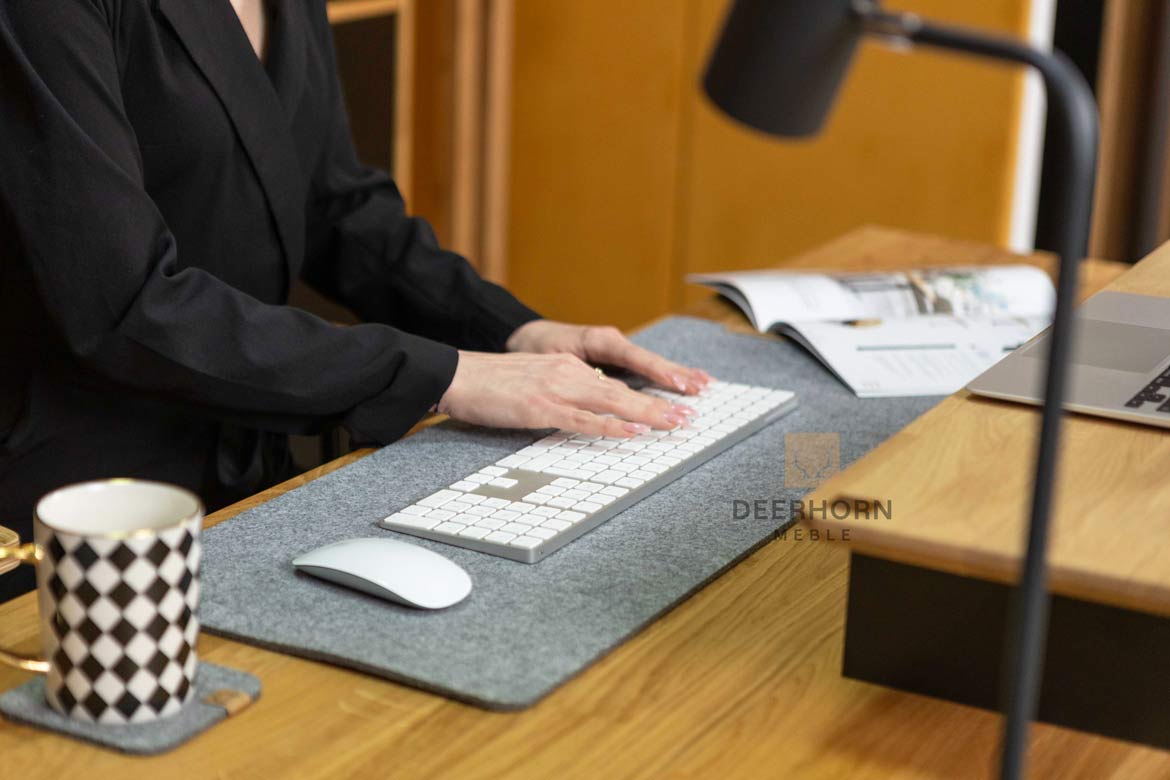 Schreibtisch für Büro und Heimarbeit mit hinterschnittener Holzplatte mit Schrank