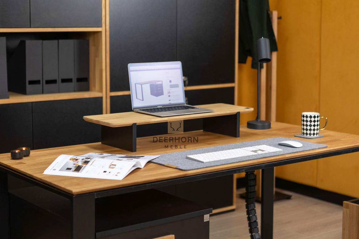 Schreibtisch für Büro und Heimarbeit mit hinterschnittener Holzplatte mit Schrank