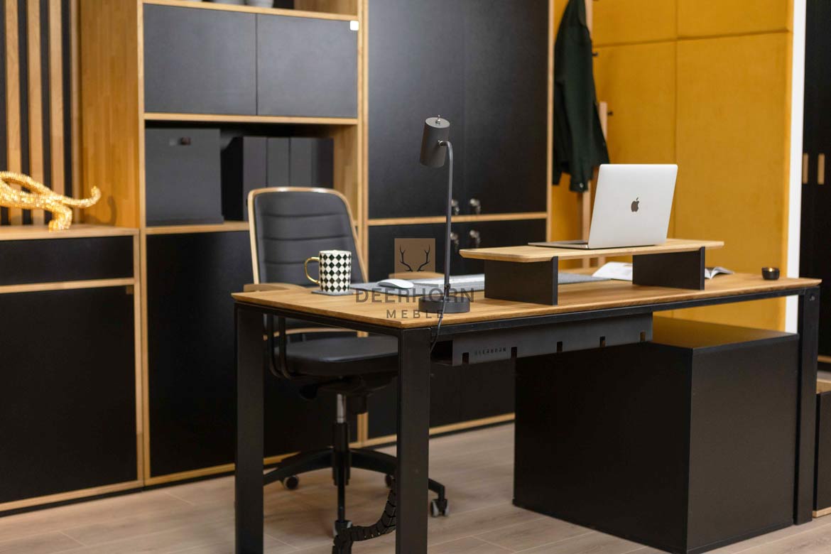 Schreibtisch für Büro und Heimarbeit mit hinterschnittener Holzplatte mit Schrank