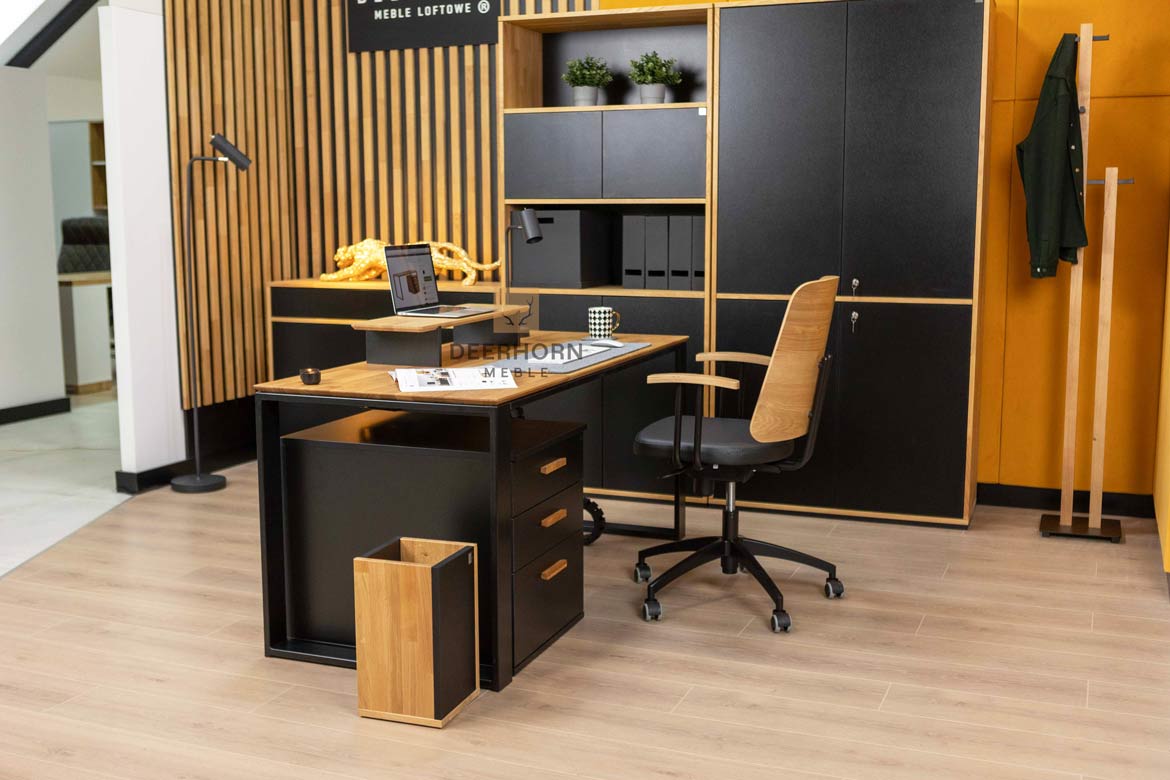 Schreibtisch für Büro und Heimarbeit mit hinterschnittener Holzplatte mit Schrank