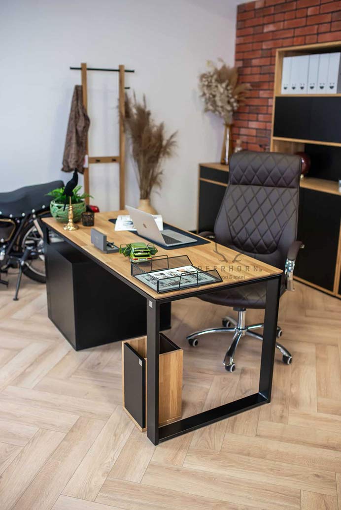 Schreibtisch für Büro und Heimarbeit mit hinterschnittener Holzplatte mit Schrank
