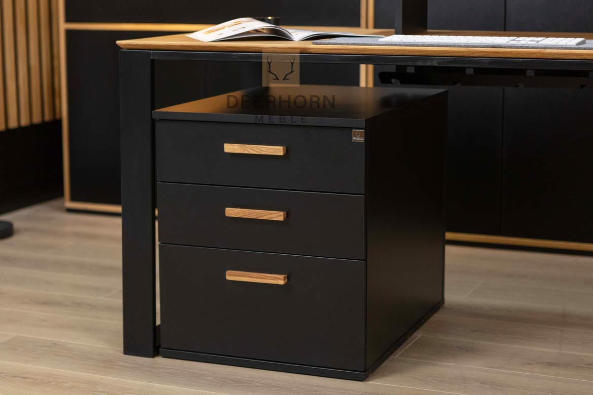 Schreibtisch für Büro und Heimarbeit mit hinterschnittener Holzplatte mit Schrank