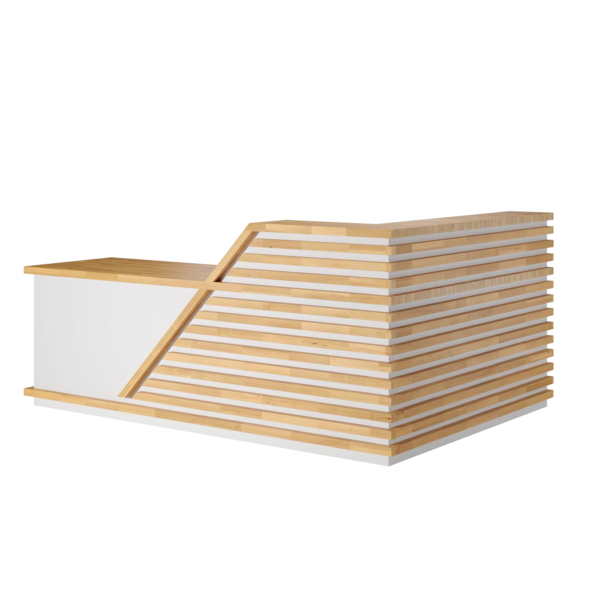Moderne weiße Empfangstheke mit Holzlatten