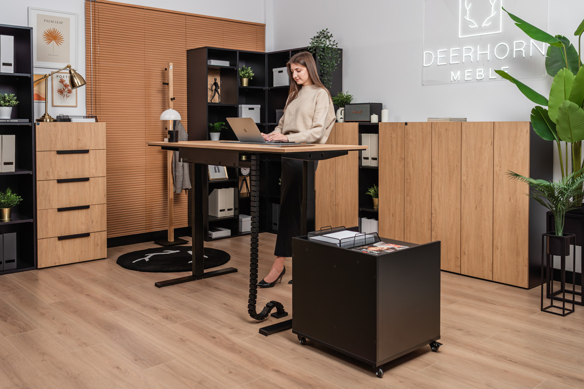 Schreibtisch mit Höhenspeicher für Menschen mit Rückenschmerzen und mobilem Schreibtischschrank