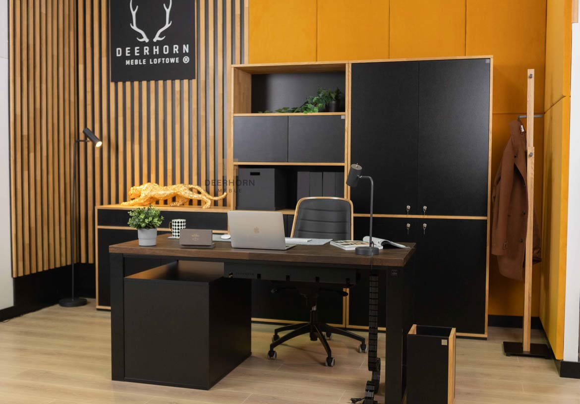 Schwarzer Schreibtisch für Büro in Massivholz modern und Untertischschrank