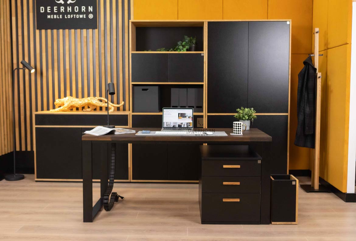 Schwarzer Schreibtisch für Büro in Massivholz modern und Untertischschrank