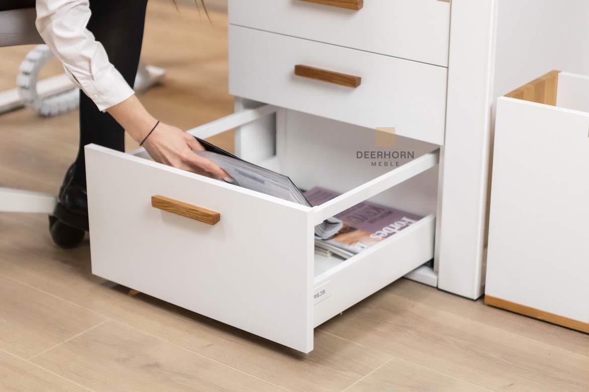 Weißer Hybrid-Arbeitstisch mit Schubladen und eichenbrauner Platte