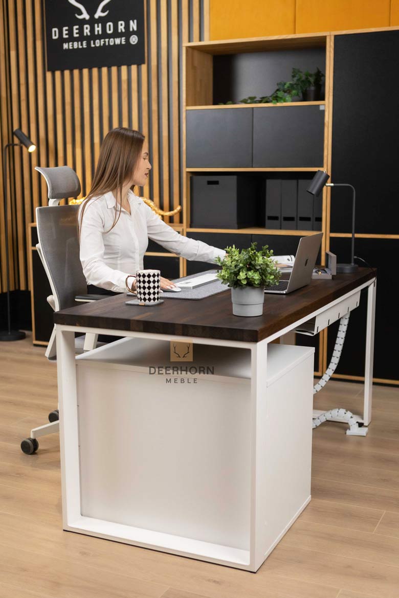 Weißer Hybrid-Arbeitstisch mit Schubladen und eichenbrauner Platte