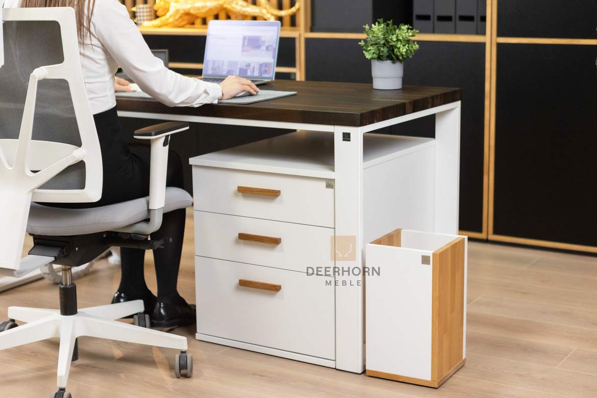 Weißer Hybrid-Arbeitstisch mit Schubladen und eichenbrauner Platte