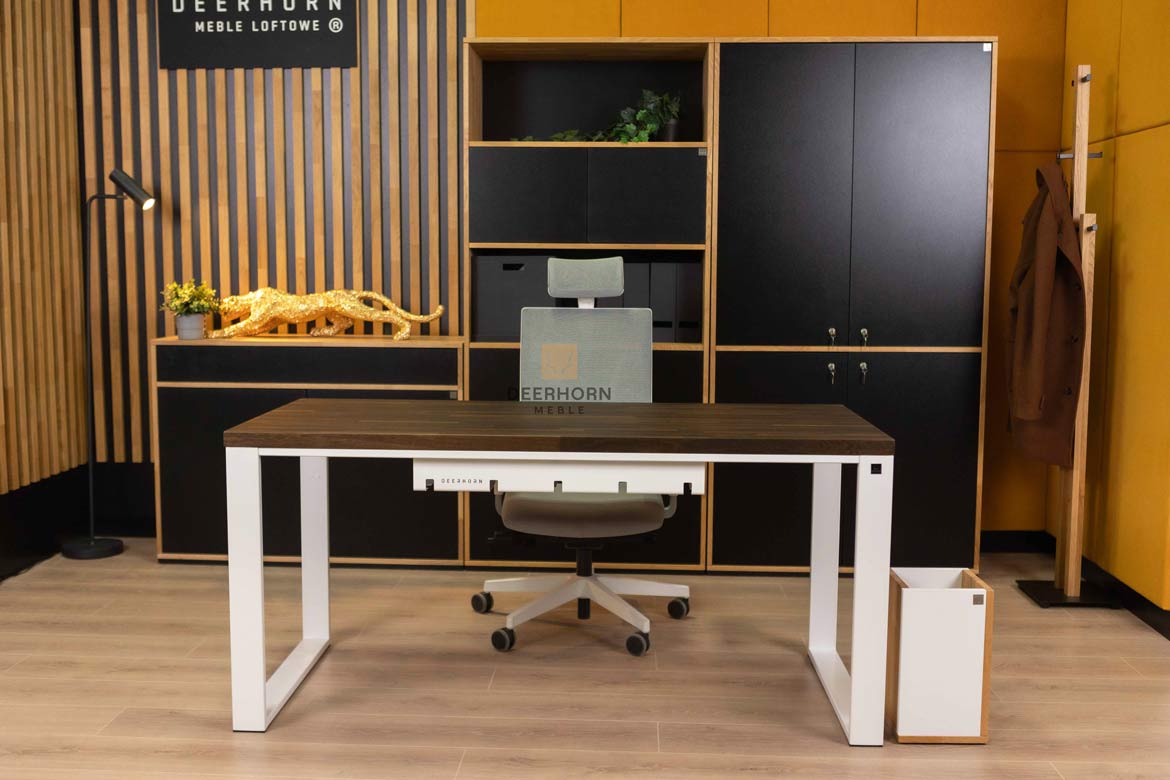 Schreibtisch für Büro weiß mit brauner Holzplatte