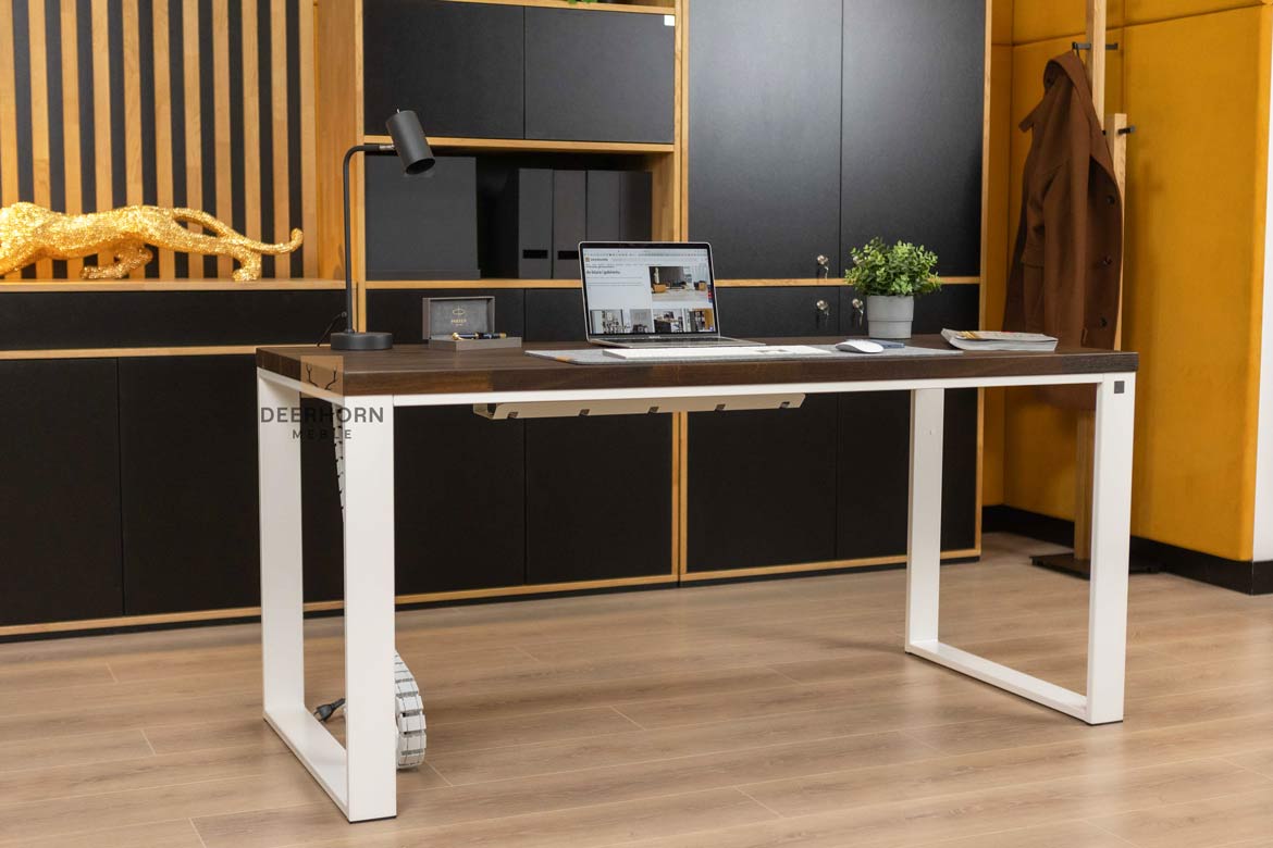 Schreibtisch für Büro weiß mit brauner Holzplatte