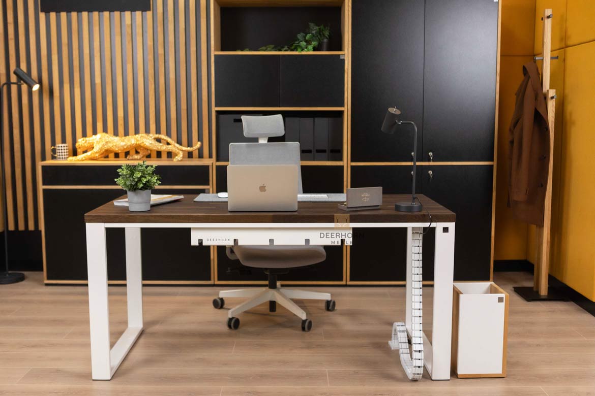 Schreibtisch für Büro weiß mit brauner Holzplatte