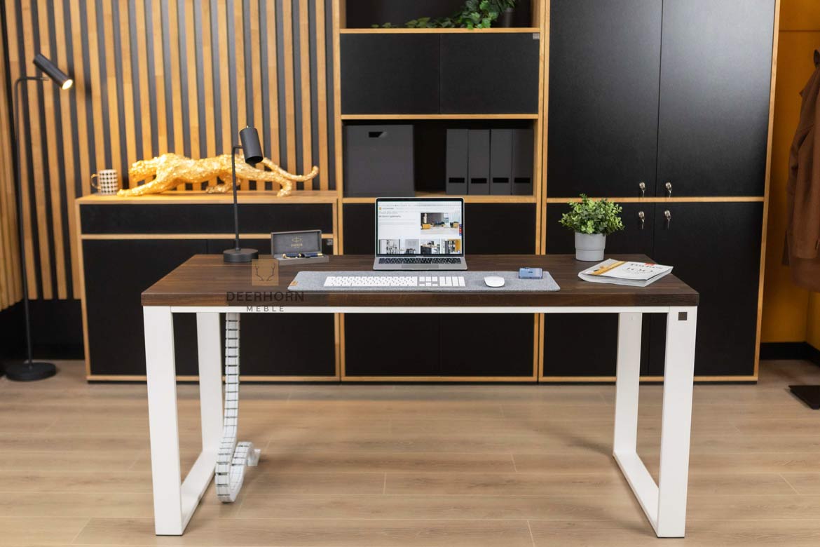Schreibtisch für Büro weiß mit brauner Holzplatte
