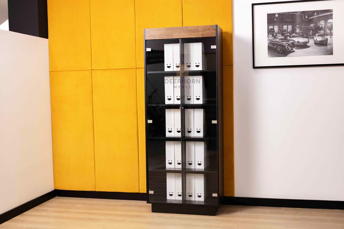 Glasvitrine, zwei Türen mit Einlegeböden für das Home Office