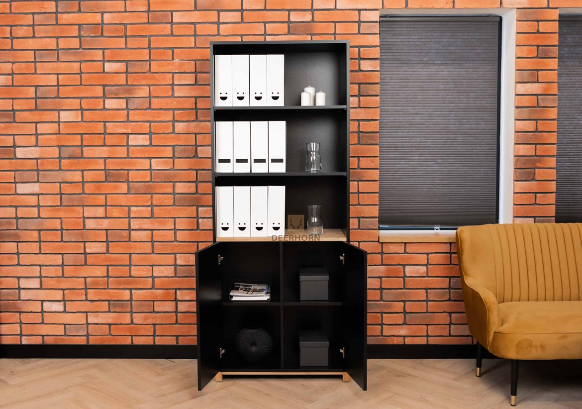 Schwarzes Büro-Bücherregal mit Fachböden für Akten