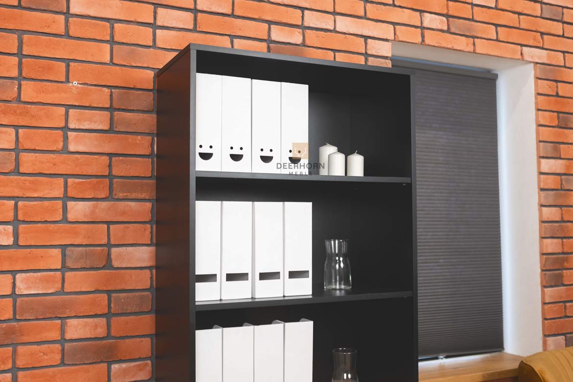 Schwarzes Büro-Bücherregal mit Fachböden für Akten