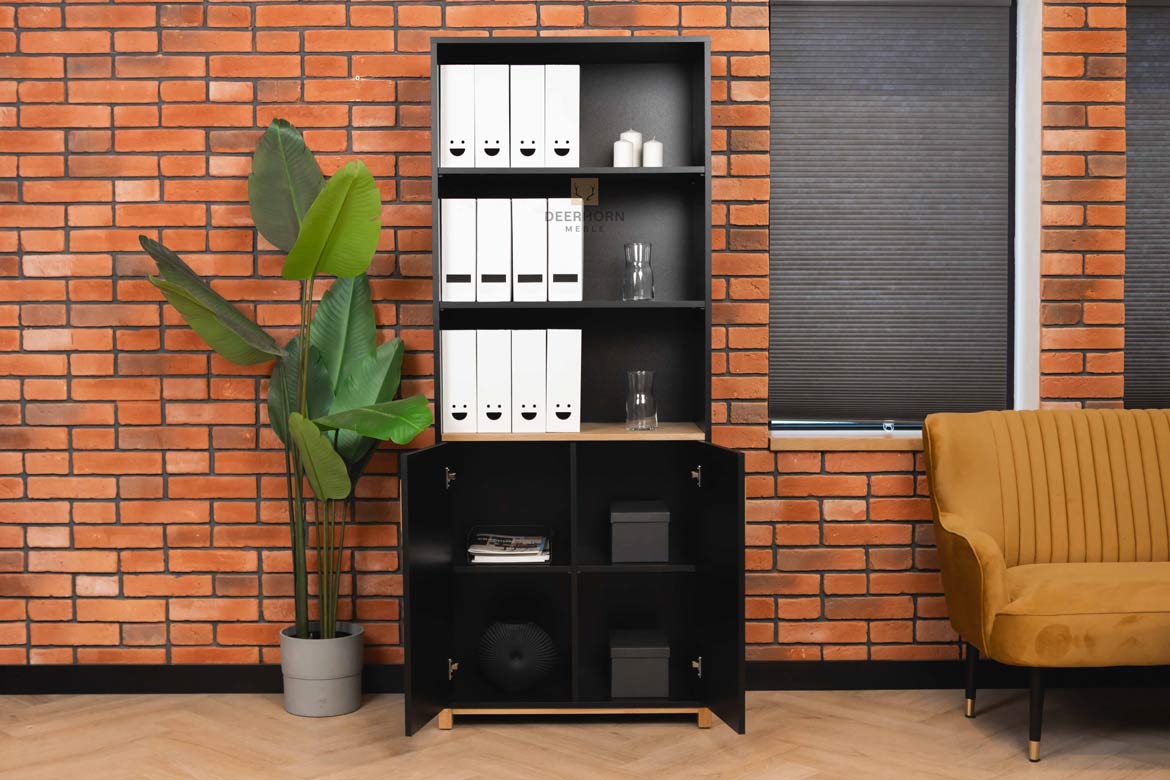 Schwarzes Büro-Bücherregal mit Fachböden für Akten