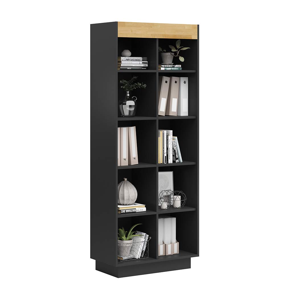 Modernes schwarzes Bücherregal mit Holzelementen für Bücher und Dekorationen