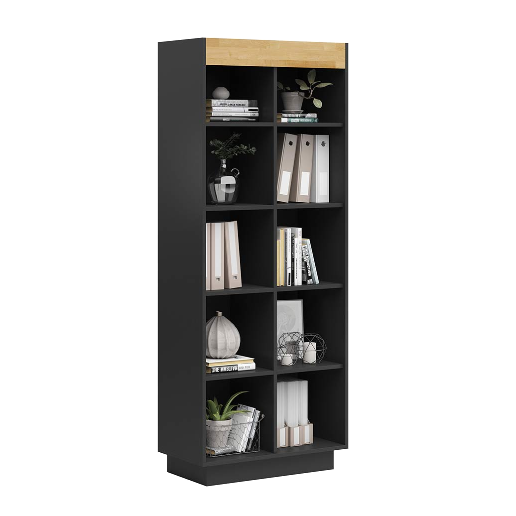 Modernes schwarzes Bücherregal mit Holzelementen für Bücher und Dekorationen