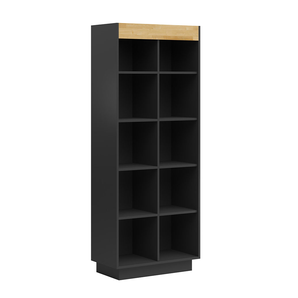 Modernes schwarzes Bücherregal mit Holzelementen für Bücher und Dekorationen