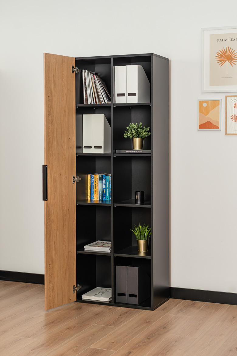 Büro-Aktenschrank schwarz mit Holzmaserungselementen