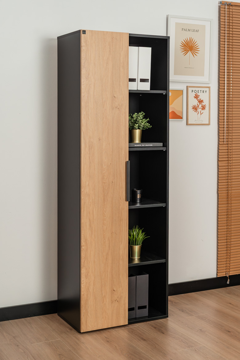 Büro-Aktenschrank schwarz mit Holzmaserungselementen