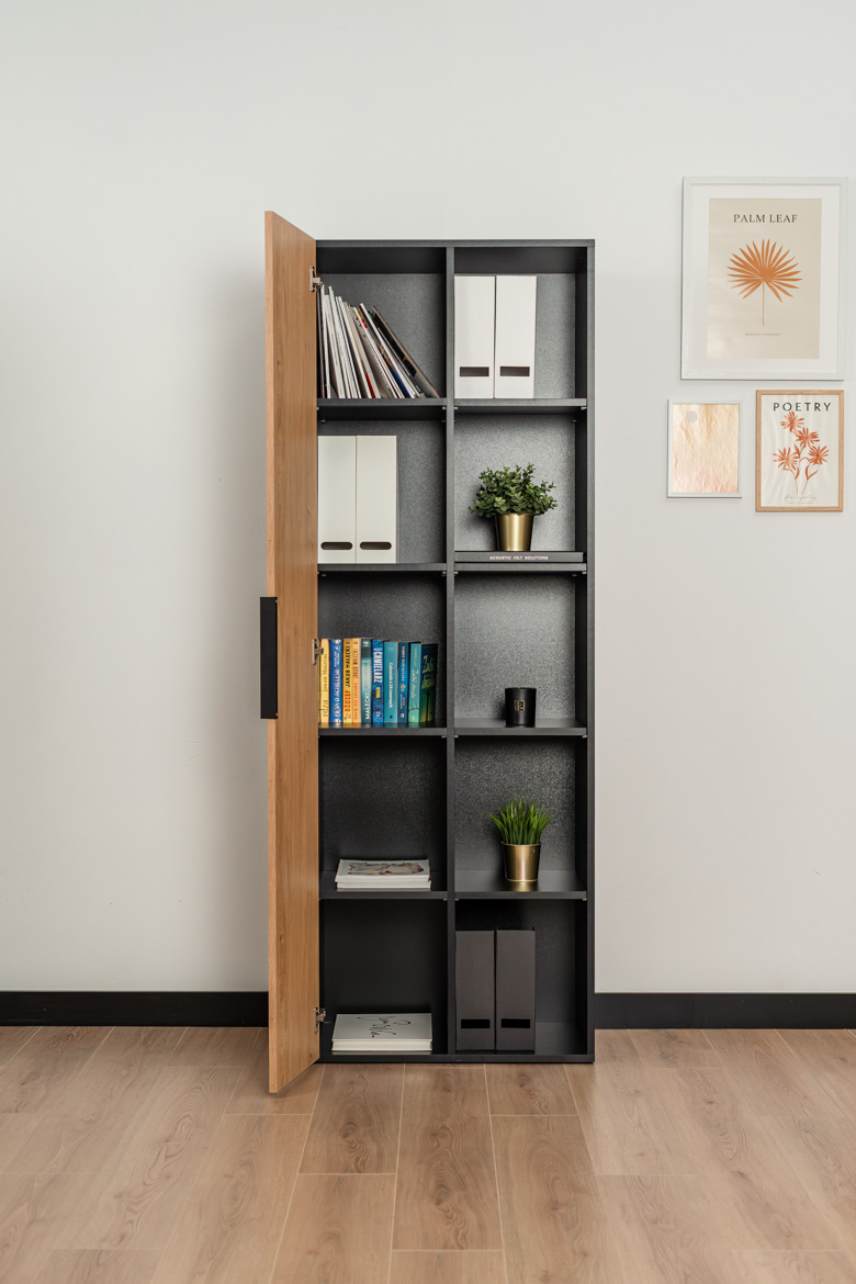 Büro-Aktenschrank schwarz mit Holzmaserungselementen