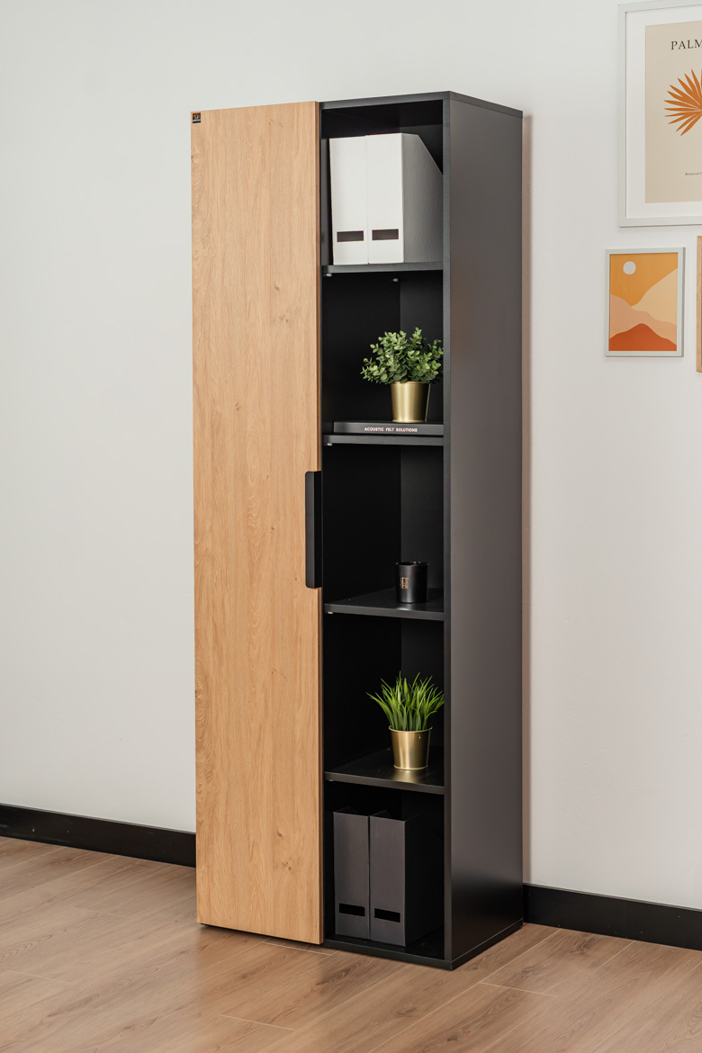 Büro-Aktenschrank schwarz mit Holzmaserungselementen