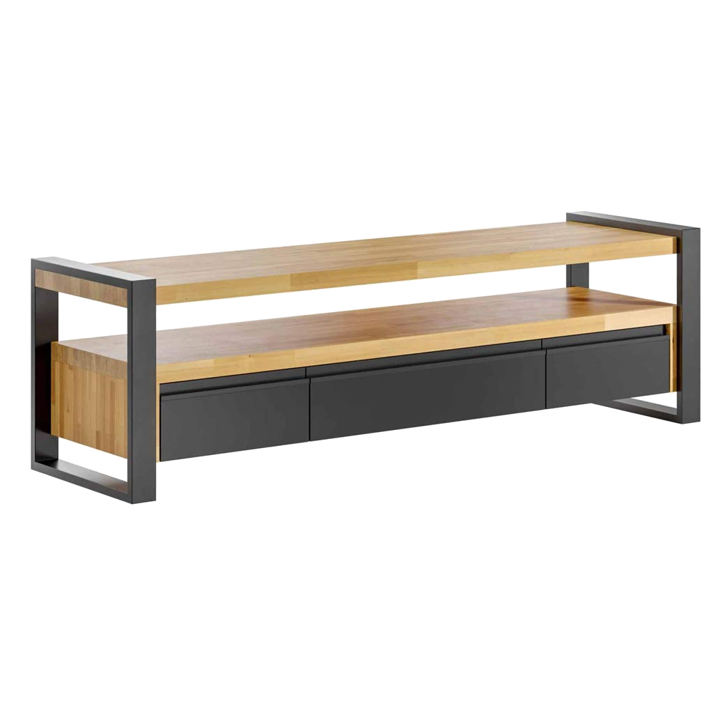 Loft RTV Schrank aus Holz und Metall. Griffe aus Aluminium.