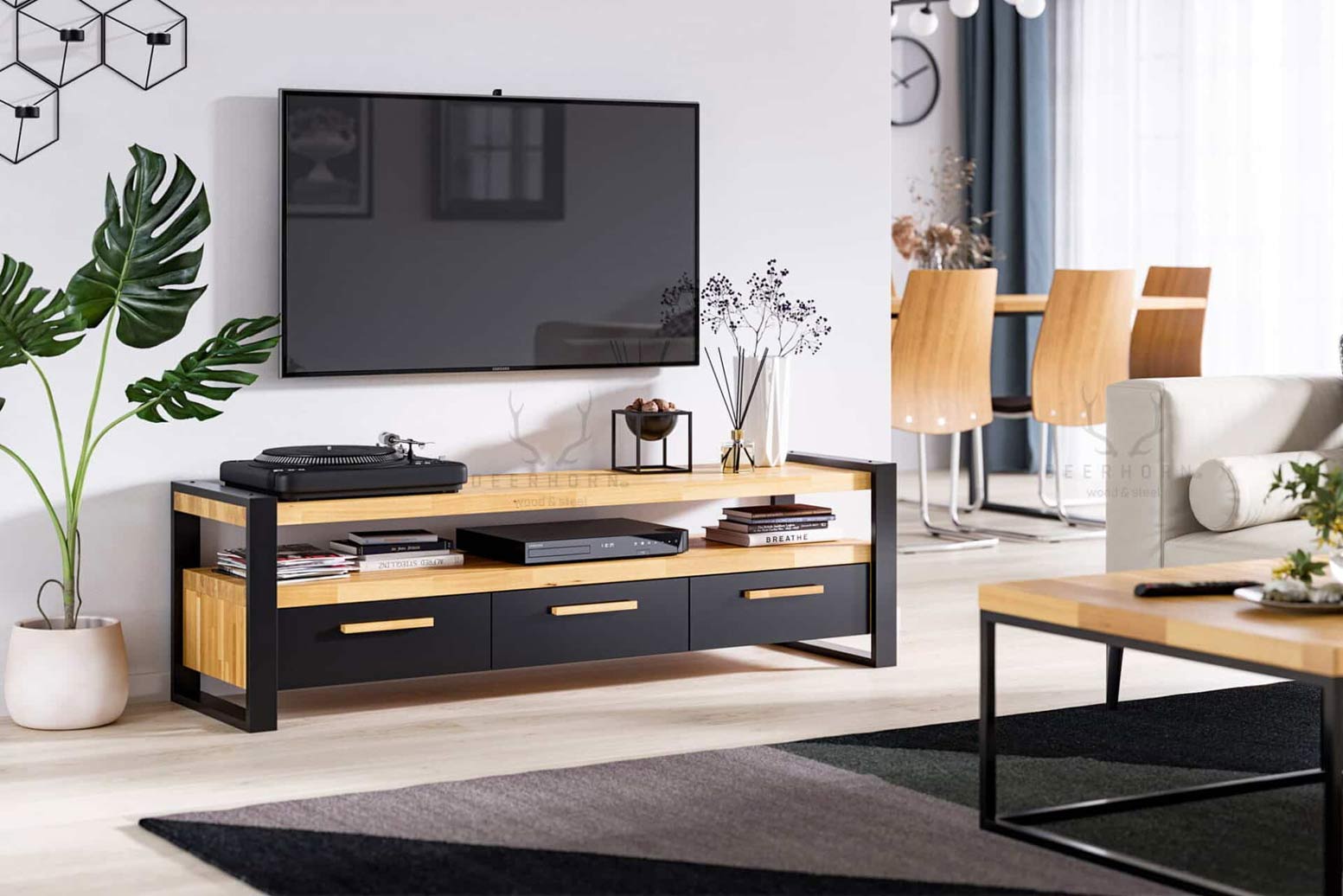 Moderner RTV-Schrank mit Schubladen aus Holz und Metall