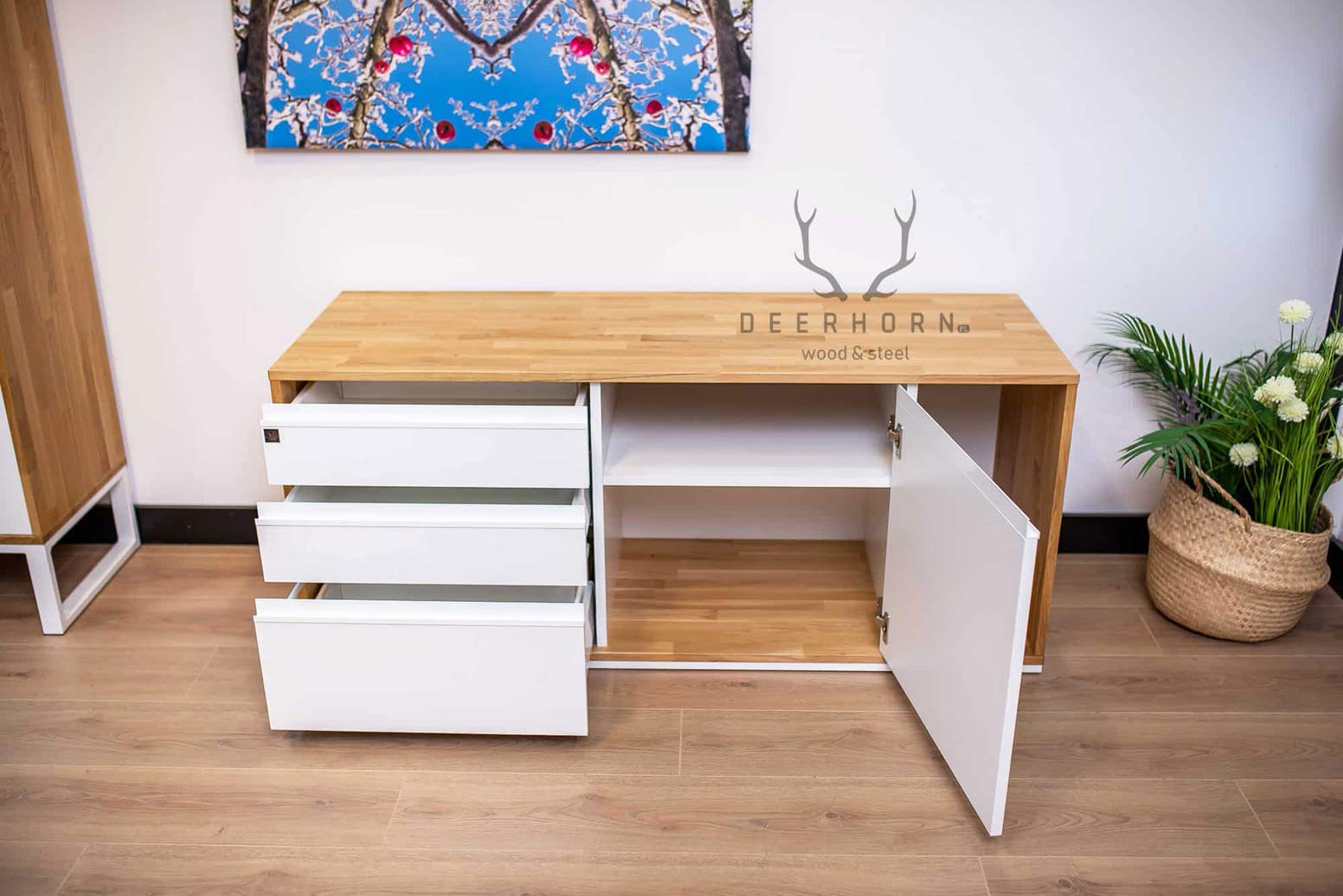 Weißer Sockel mit Schubladen, Schreibtischschrank Loft Office Plus - links