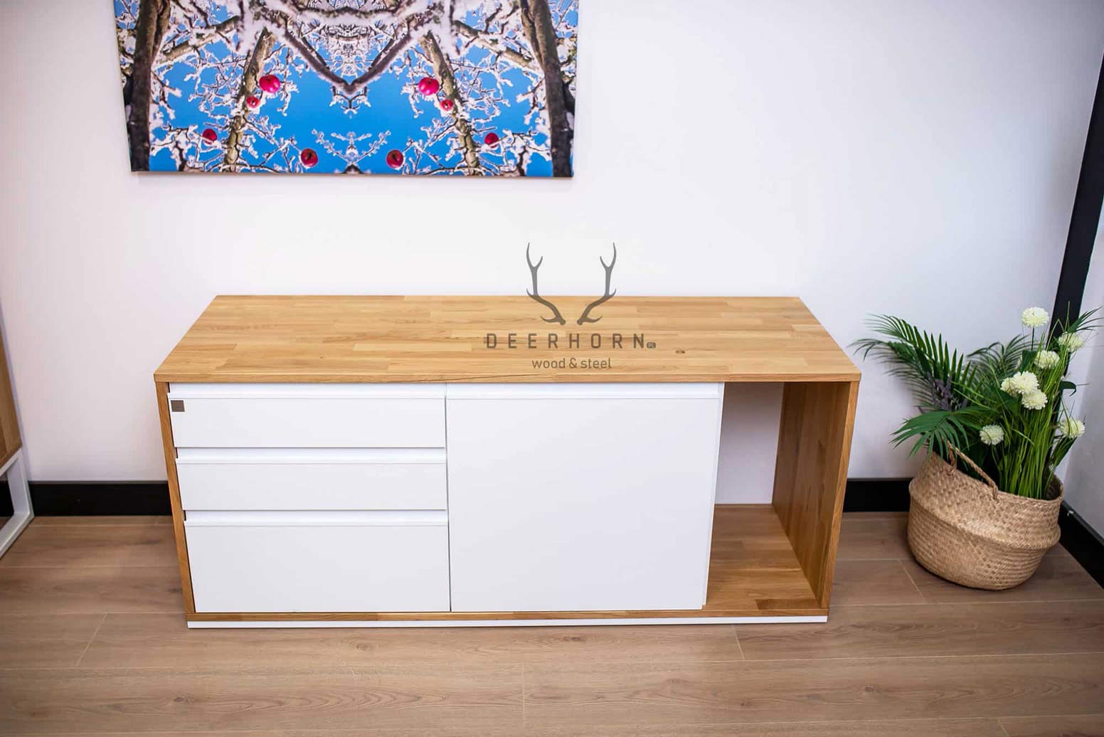 Weißer Sockel mit Schubladen, Schreibtischschrank Loft Office Plus - links