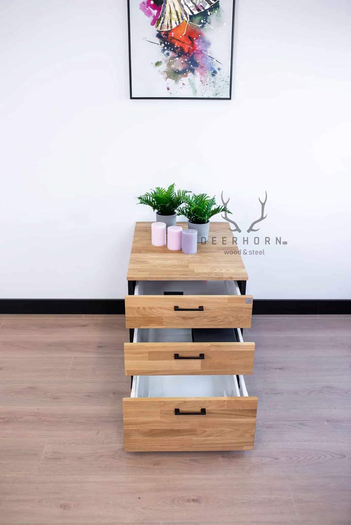 Eichenholzsockel mit Schubladen für Schreibtisch mit Holzplatte