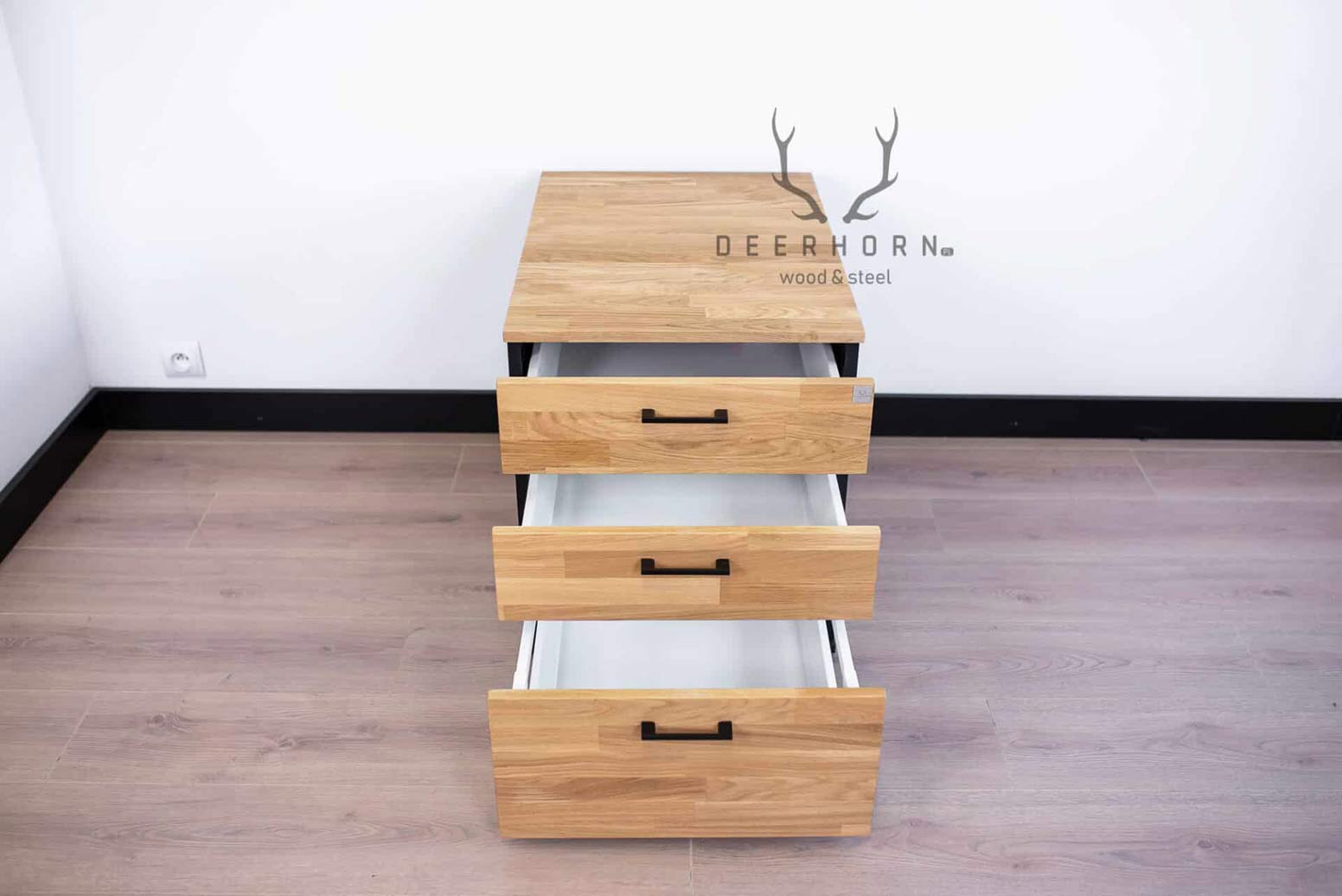 Eichenholzsockel mit Schubladen für Schreibtisch mit Holzplatte