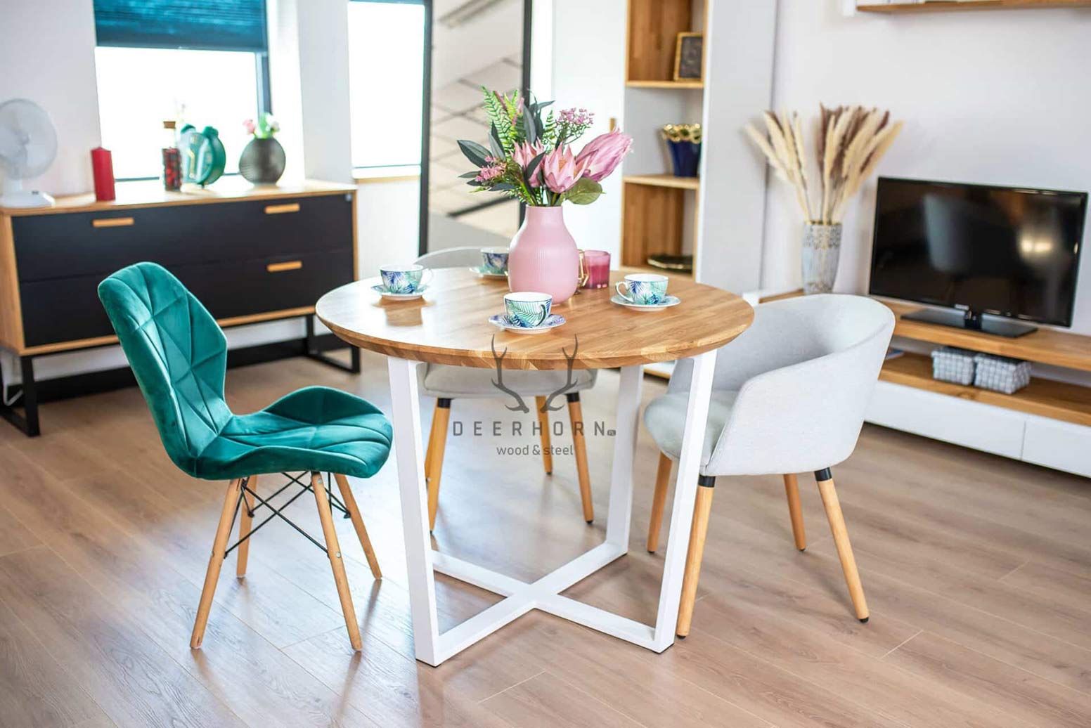 Runder Tisch mit Holzplatte mit Hinterschnitt 100 cm