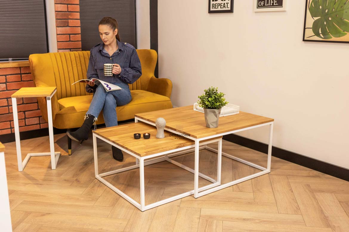 Weiße Loft Industrie Couchtische aus Holz und Metall 80×80 + 70x70cm