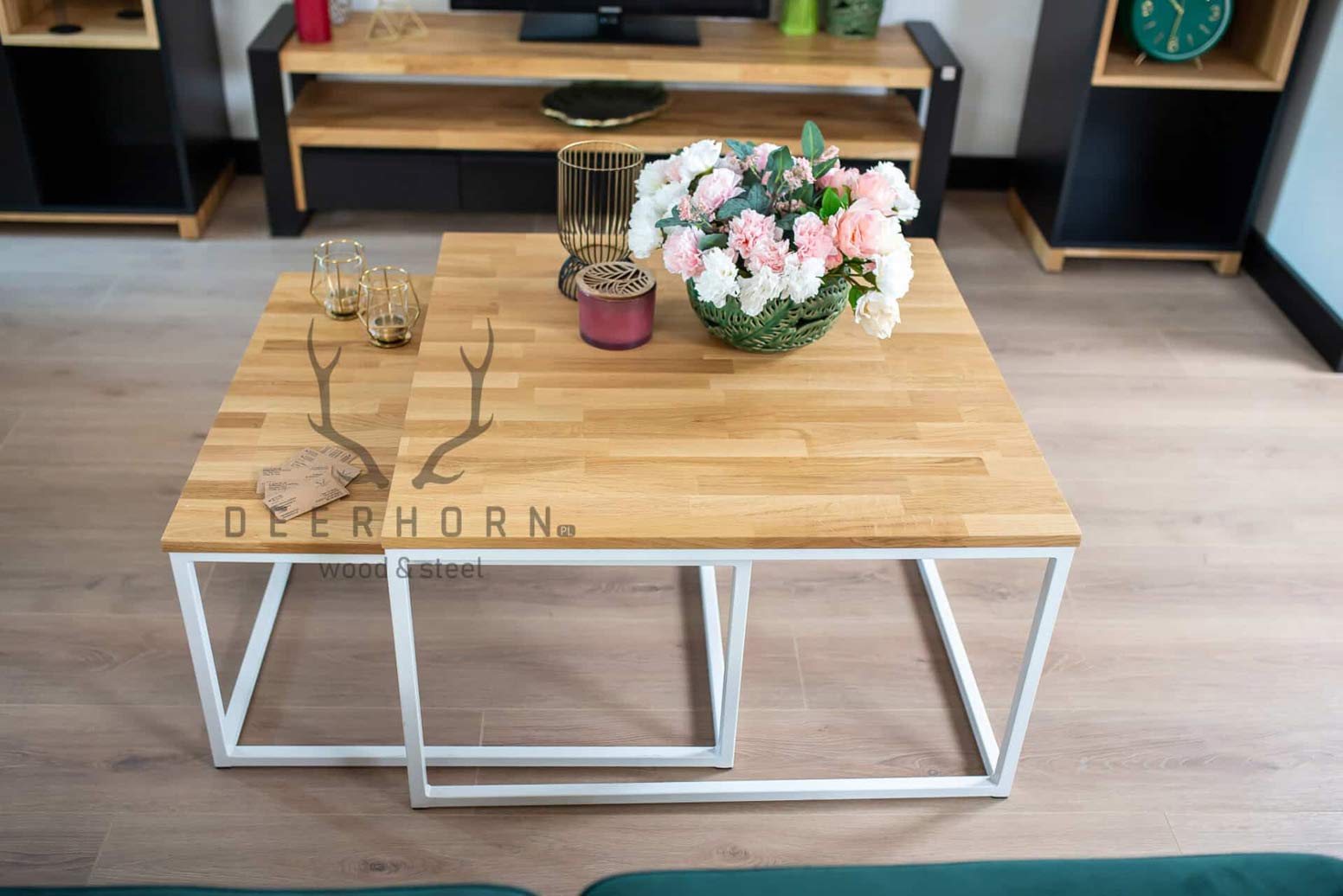 Weiße Loft Industrie Couchtische aus Holz und Metall 80×80 + 70x70cm