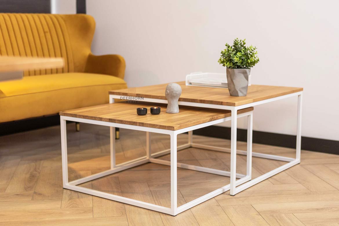 Weiße Loft Industrie Couchtische aus Holz und Metall 80×80 + 70x70cm