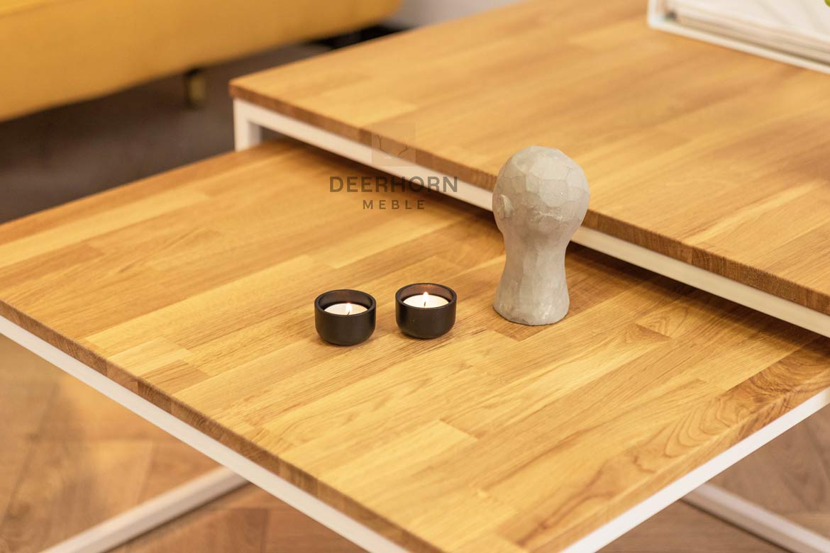 Weiße Loft Industrie Couchtische aus Holz und Metall 80×80 + 70x70cm