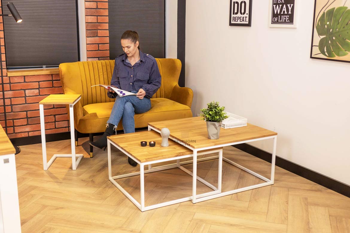 Weiße Loft Industrie Couchtische aus Holz und Metall 80×80 + 70x70cm