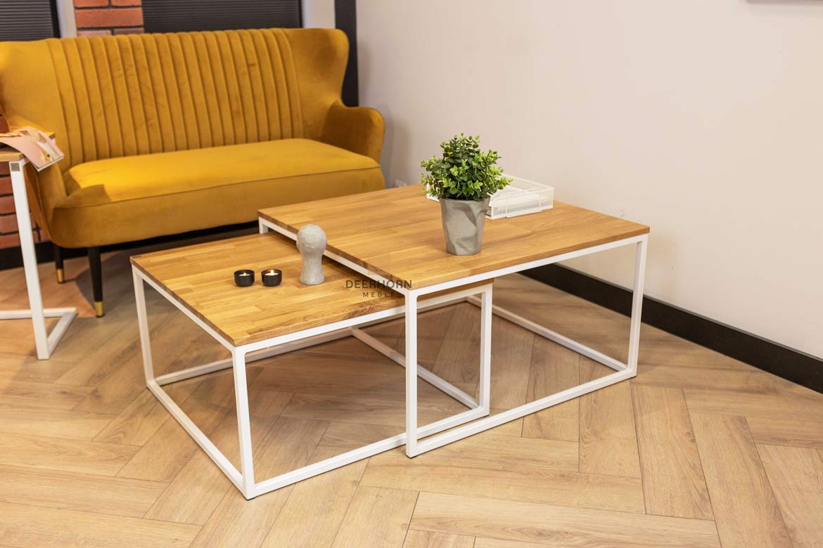 Weiße Loft Industrie Couchtische aus Holz und Metall 80×80 + 70x70cm