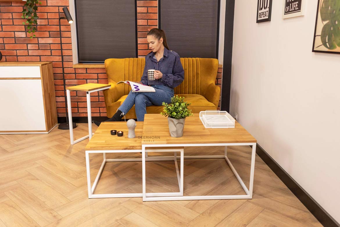 Weiße Loft Industrie Couchtische aus Holz und Metall 80×80 + 70x70cm