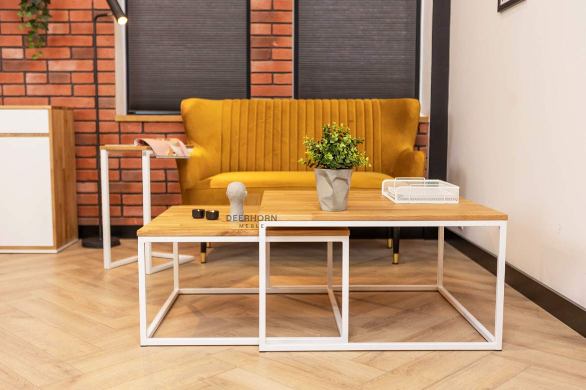 Weiße Loft Industrie Couchtische aus Holz und Metall 80×80 + 70x70cm