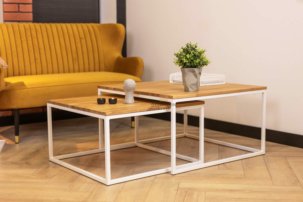 Weiße Loft Industrie Couchtische aus Holz und Metall 80×80 + 70x70cm