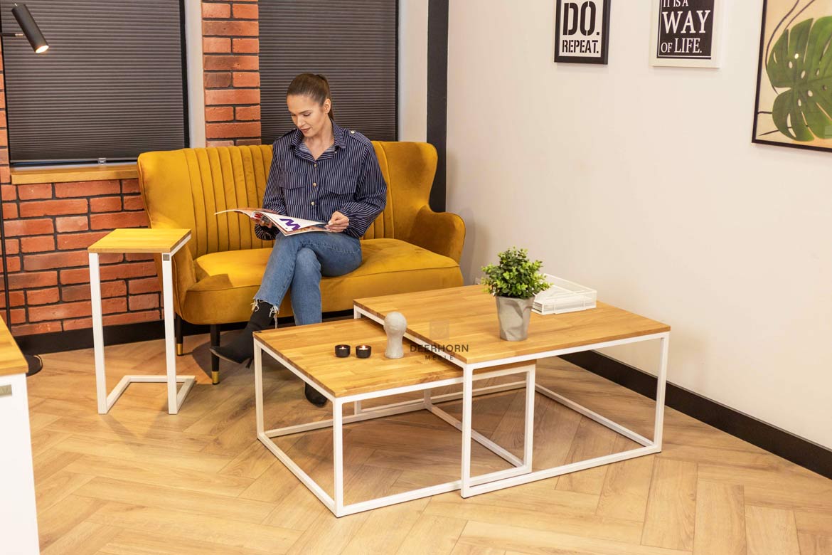 Weiße Loft Industrie Couchtische aus Holz und Metall 80×80 + 70x70cm