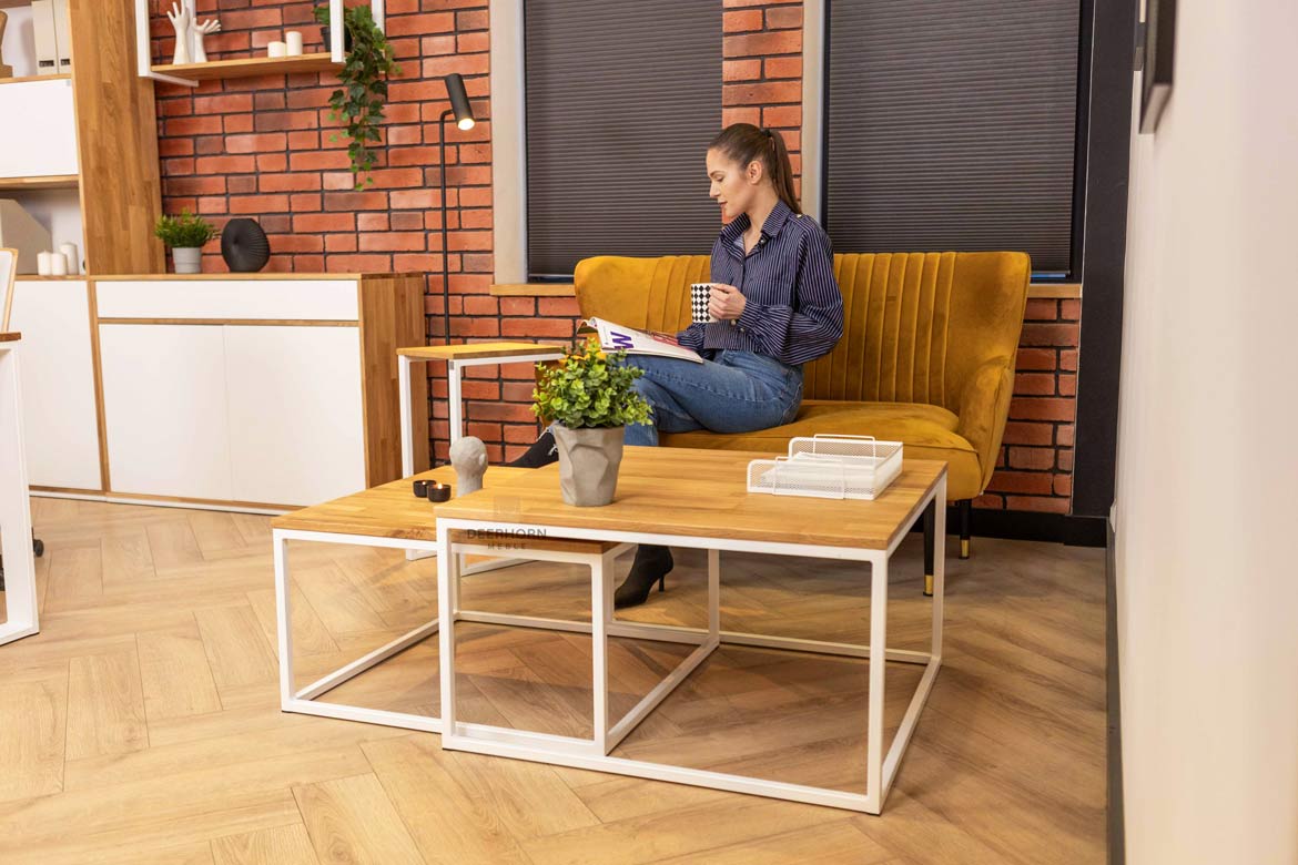 Weiße Loft Industrie Couchtische aus Holz und Metall 80×80 + 70x70cm