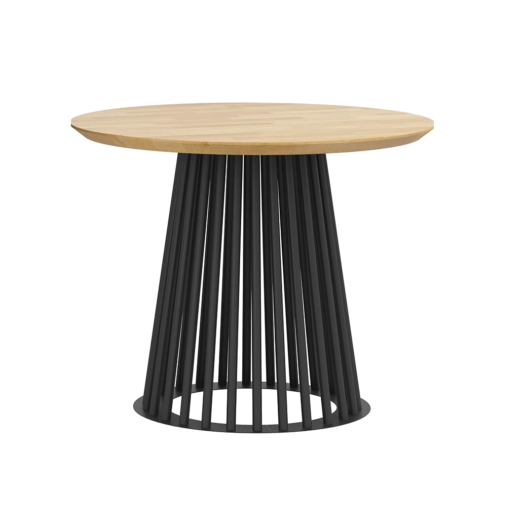 Runder Tisch mit durchbrochenem Metallgestell und Holzplatte